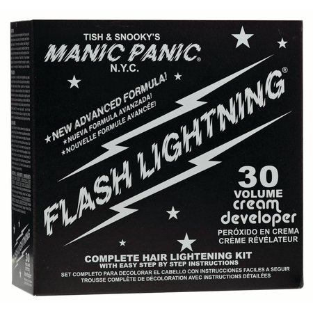 Black box with white stars and lightning graphics, labeled "Manic Panic Flash Lightning 30 Volume Complete Bleach Kit," featuring details about the cream developer and instructions.