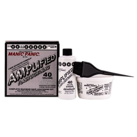Manic Panic Flash Lightning Amplified 40 Volume Bleach Kit includes a developer bottle, a mixing bowl, and an application brush, all in a black and white box with bold text.