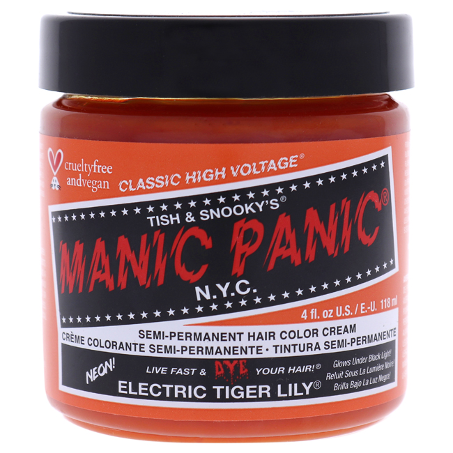 Bright orange hair color cream in a 118ml jar, labeled "Manic Panic High Voltage Semi-Permanent Hair Colour Cream - Electric Tiger Lily," cruelty-free and vegan.