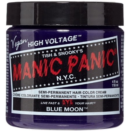 Vibrant blue hair color cream in a purple jar with a black lid, labeled "Manic Panic Classic Hair Colour Blue Moon" and featuring vegan and semi-permanent branding.