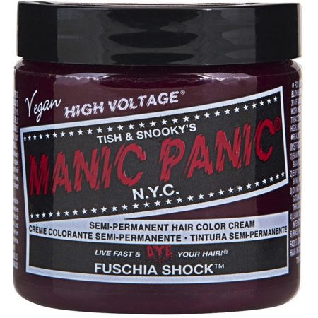 Vibrant fuchsia semi-permanent hair color cream in a purple jar with bold black and red branding, labeled "Manic Panic - Fuchsia Shock 4," vegan and high voltage formula.