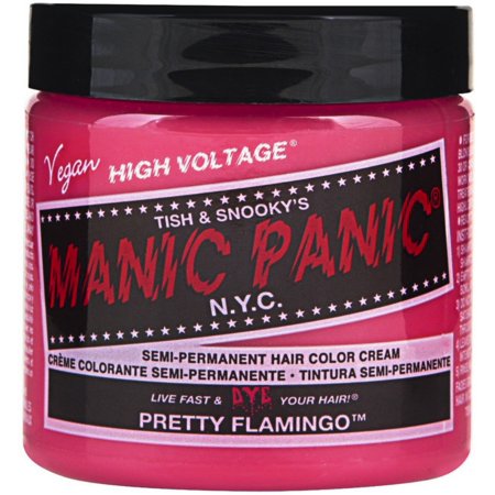 Vibrant pink semi-permanent hair color cream in a 118ml jar, labeled "Pretty Flamingo," featuring a black lid and bold branding by Manic Panic, vegan and high voltage formula.