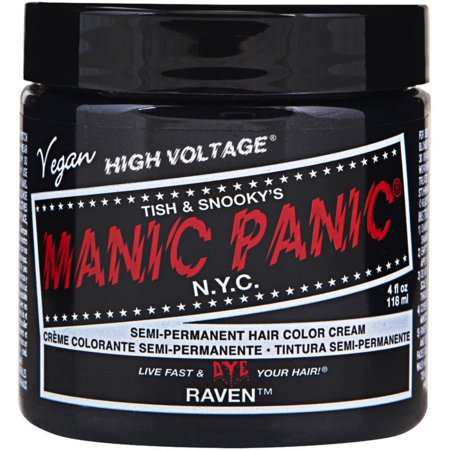 Black jar of Manic Panic Raven 4 semi-permanent hair color cream, 4 oz, featuring bold red and white text, labeled as vegan and high voltage, with a glossy finish.