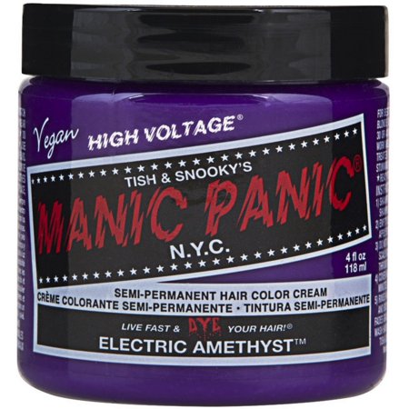 Vibrant purple semi-permanent hair color in a 4oz jar, labeled "Manic Panic Classic," featuring a bold logo and details about its vegan formula and high voltage color.
