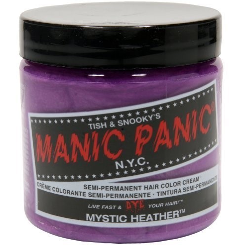 Vibrant purple hair dye in a clear jar with a black label featuring the brand name "MANIC PANIC," labeled as "Classic Mystic Heather," vegan and ammonia-free.