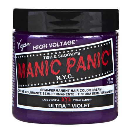 Vibrant purple jar of Manic Panic Semi-Permanent Hair Color Cream labeled "Ultra Violet," featuring a black lid and bold white text, with a vegan and high voltage branding.