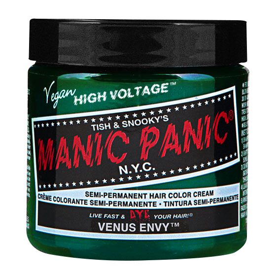 Green jar of Manic Panic Semi-Permanent Hair Color Cream labeled "Venus Envy," featuring a black lid, bold red and white text, and a vegan symbol.