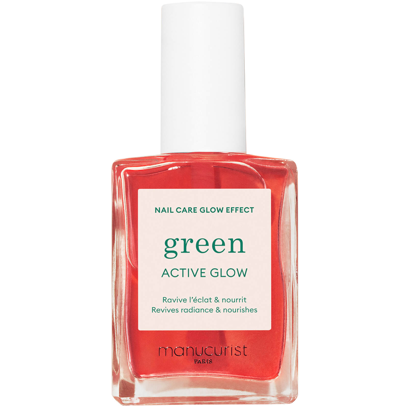 Bright raspberry nail polish in a clear glass bottle with a square shape, featuring a white label that reads "Manucurist Active Glow" and a silver cap.
