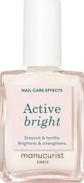 Clear glass bottle with a square shape, featuring a white cap and a light pink label that reads "Active bright" in green text, designed for nail care.