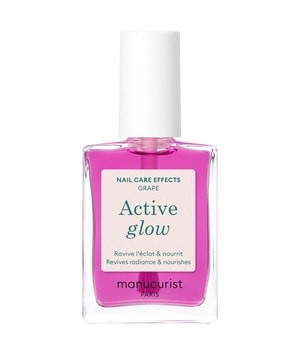 Bright pink nail polish in a square glass bottle with a white cap, labeled "Active Glow" and "Grape," highlighting its nourishing and radiance-boosting properties.