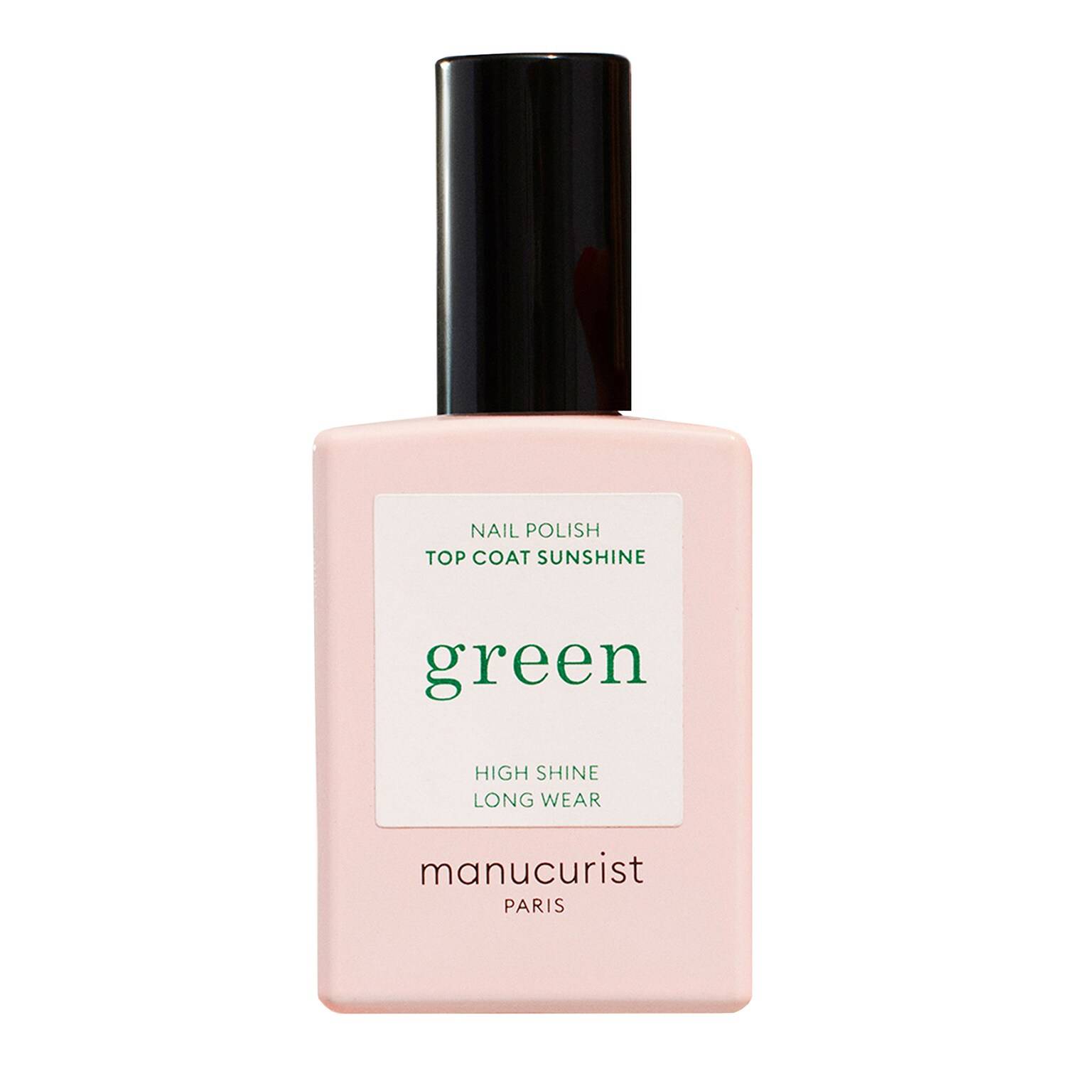 Green nail polish top coat in a sleek pink bottle with a black cap, labeled "Top Coat Sunshine" by Manucurist, emphasizing high shine and long wear.