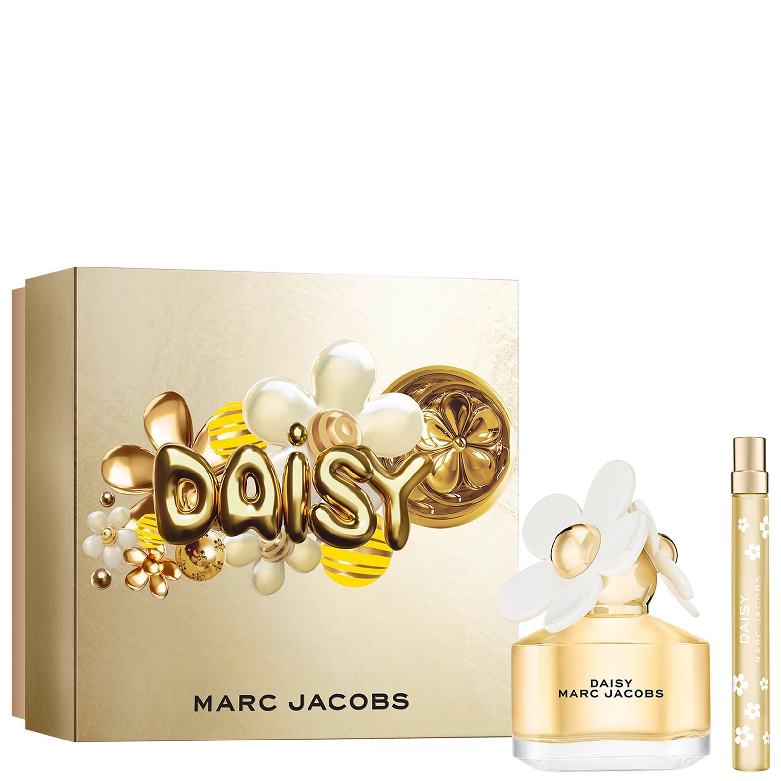 Gold gift box featuring the "Daisy" logo, containing a 50ml floral perfume bottle with a white flower cap and a matching travel-sized spray.