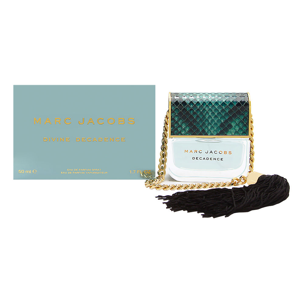 Green and gold bottle of "Divine Decadence" Eau De Parfum by Marc Jacobs, featuring a textured design, gold chain, and black tassel, alongside a matching teal box.