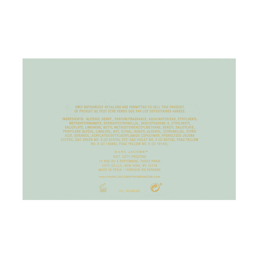 Light green box with gold text, featuring the product name "Decadence Eau So Decadent Eau De Toilette" by Marc Jacobs, includes ingredient list and brand details.
