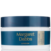 A round, white jar with a navy blue lid, featuring gold text that reads "Margaret Dabbs Yellow Leg Masque" prominently on the front.