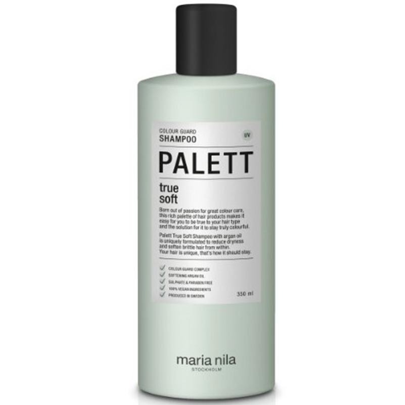 Light green bottles of Maria Nila True Soft Shampoo (350 ml) and Conditioner (300 ml) feature minimalistic design with clear labels and a soft, matte finish.
