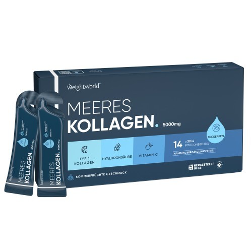 Marine Collagen Liquid in a blue and white box, featuring 14 sachets, each containing 30ml, with a summer fruits flavor and highlighted ingredients like collagen and vitamin C.