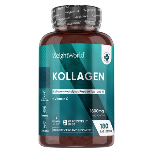 Brown bottle with a dark blue label, featuring "Marine Collagen" and "1800 Mg" in bold text, containing 180 tablets, ideal for skin, bones, and joints, by WeightWorld UK.