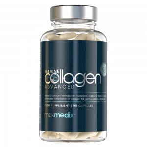 Clear plastic bottle containing marine collagen capsules, labeled "Marine Collagen Advanced," featuring a dark blue and silver design, with details on ingredients and benefits prominently displayed.