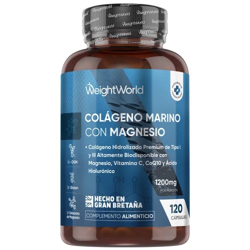 Brown plastic bottle with a blue label featuring "Marine Collagen with Magnesium" and "1200mg" in white text, containing 120 capsules, with a seal indicating it's a food supplement.