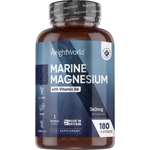 Clear brown bottle containing 180 capsules of Marine Magnesium, labeled with blue and white text, highlighting 360 mg per serving and enriched with Vitamin B6, marked as vegan and non-GMO.