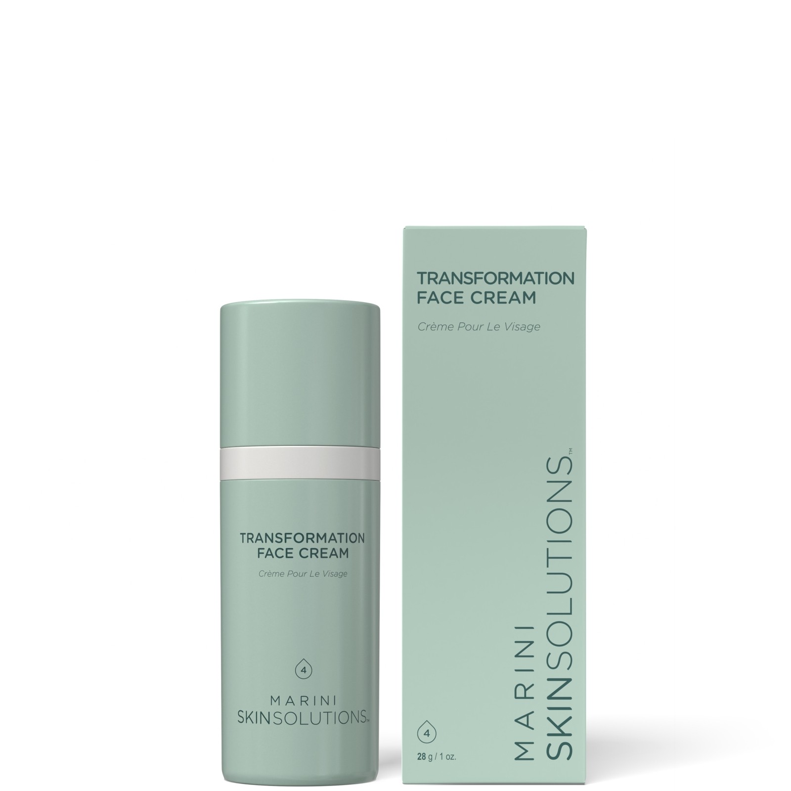 Light green cylindrical bottle with a pump dispenser, labeled "Transformation Face Cream," accompanied by a matching rectangular box, both featuring the "Marini SkinSolutions" logo.