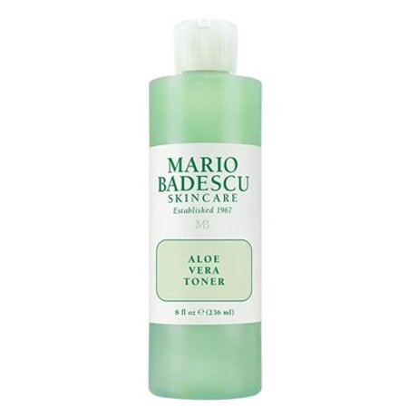 Clear plastic bottle of Mario Badescu Aloe Vera Toner, featuring a light green liquid, white label with black text, and a flip-top cap, designed for dry and sensitive skin types.