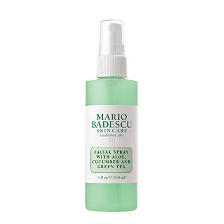 Green plastic spray bottle with a white label, featuring the text "Mario Badescu Facial Spray Aloe, Cucumber & Green Tea" in black and green, 118 ml capacity.
