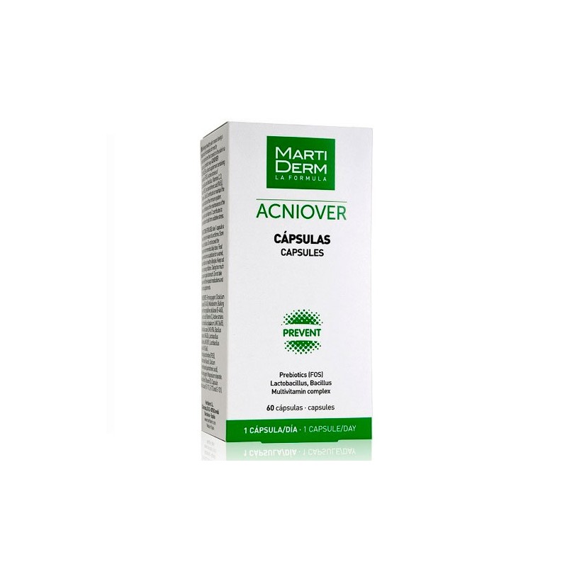 Martiderm Acniover packaging features a white box with green accents, labeled "Acniover" prominently, containing 60 capsules designed for skin health.