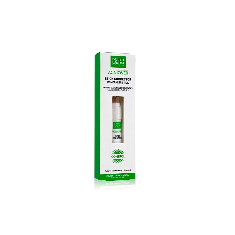 A cylindrical, clear stick with a gold cap, housed in a green and white box labeled "Martiderm Acniover Stick Corrector" for blemish control, 15ml size.