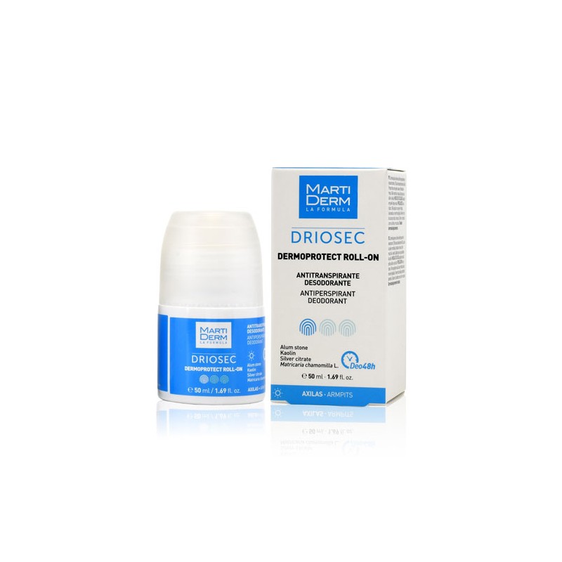 Martiderm Dermoprotect Roll-On Deodorant Driosec 50ml features a white cylindrical bottle with a transparent cap, labeled in blue and white, alongside a matching white box.