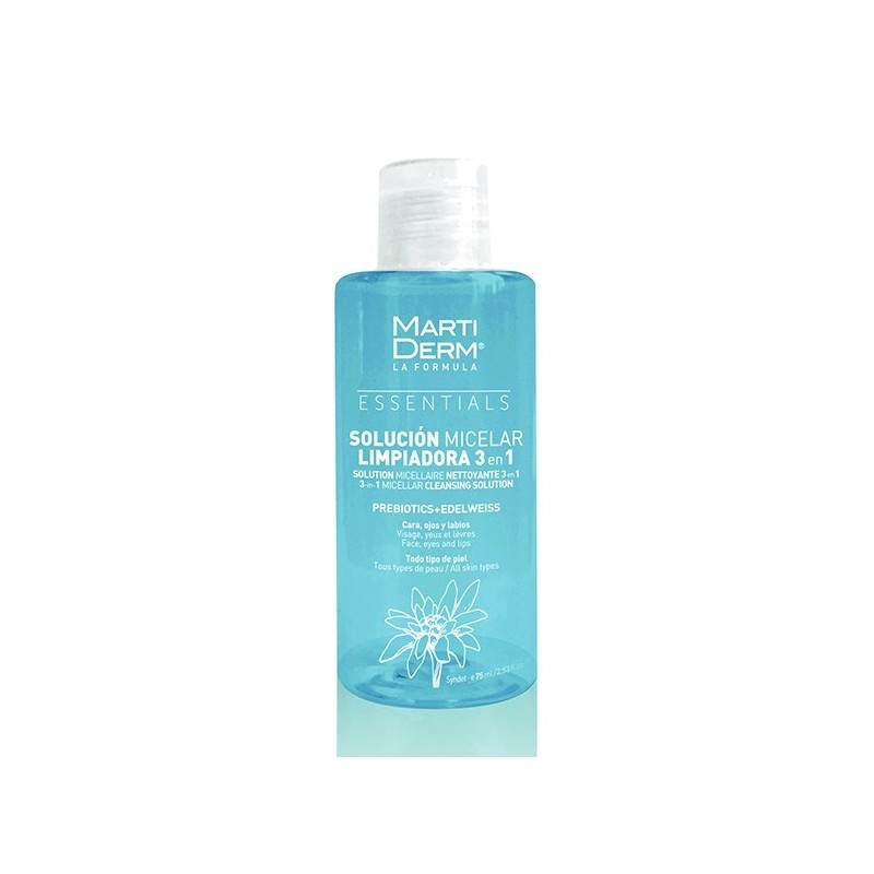 Clear blue bottle of Martiderm™ Micellar Cleansing Solution 75ml, featuring white text and a floral design, highlighting its 3-in-1 cleansing properties and prebiotic ingredients.