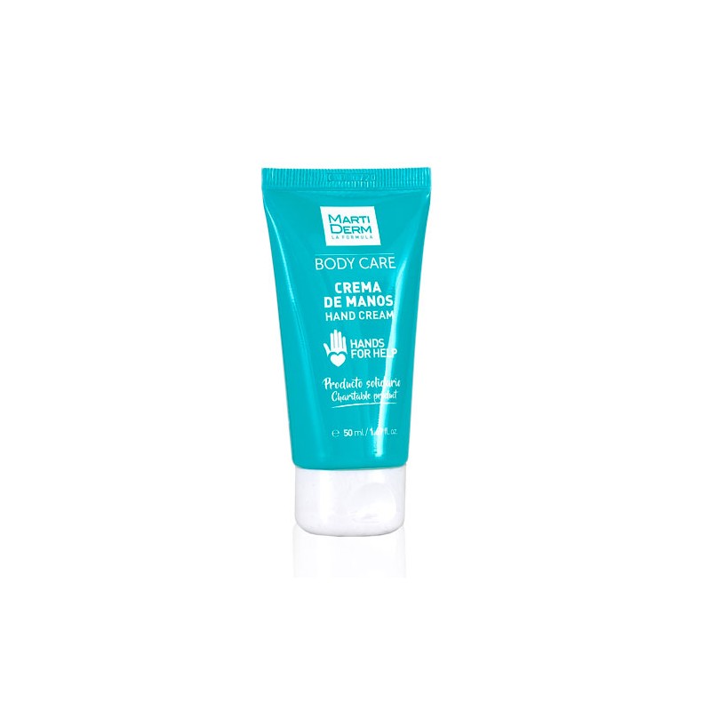 Turquoise tube of Martiderm Intensive Hand Cream, 50ml, featuring white text and a flip-top cap, designed for moisturizing and repairing dry hands.