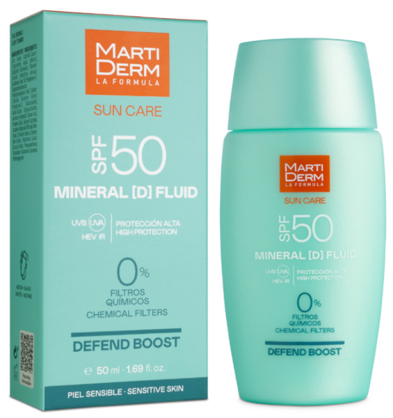 Light blue bottle of Martiderm Sun Care Mineral D Fluid SPF 50, 50ml, with a sleek design, featuring a pump top and a green box stating "DEFEND BOOST" and "0% chemical filters."