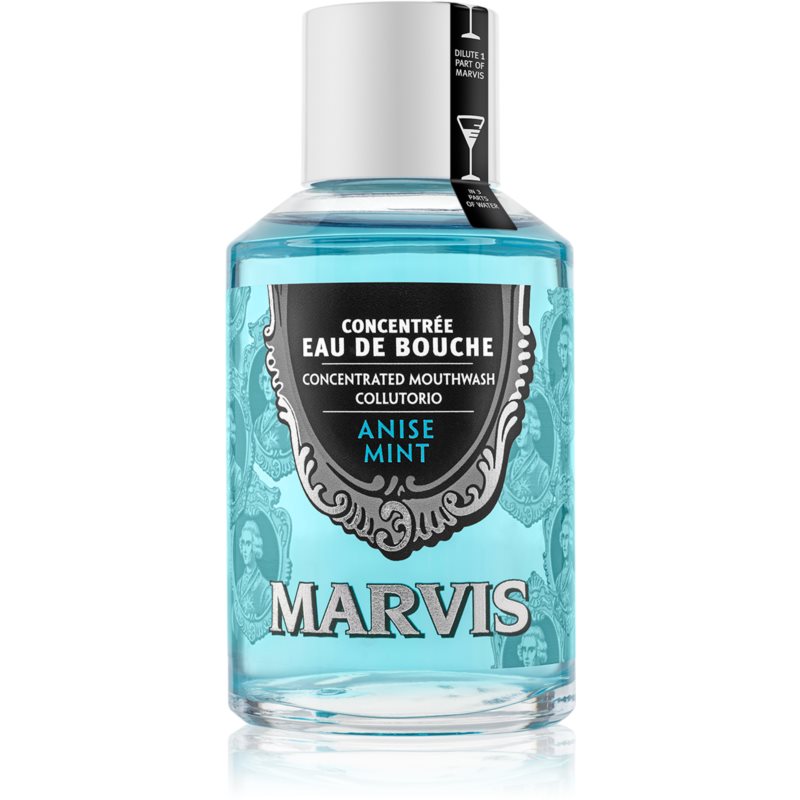 Transparent bottle of Marvis Concentrated Anise Mint Mouthwash, 120ml, featuring a turquoise liquid, ornate silver label, and a vintage design with elegant illustrations.