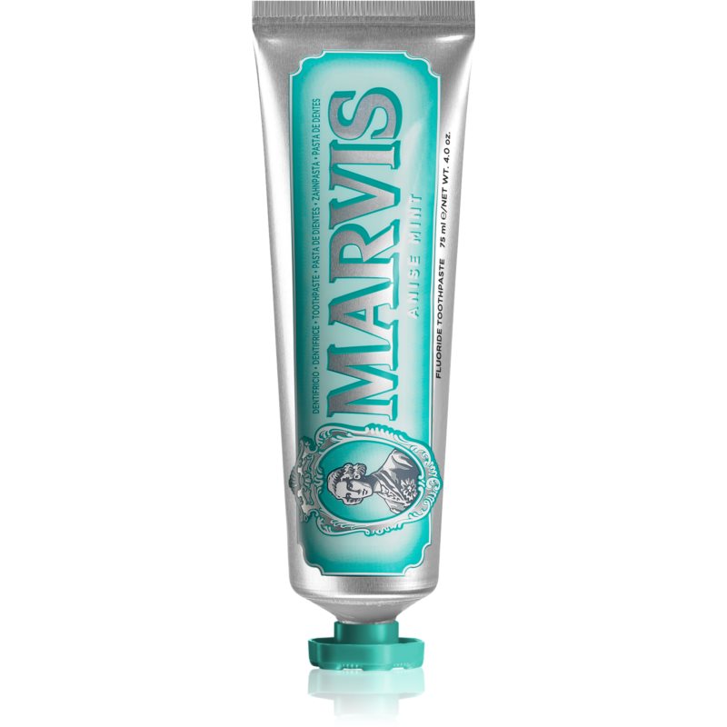 Silver tube of Marvis Aniseed Mint Toothpaste, featuring a teal cap and ornate label with the word "MARVIS" prominently displayed in bold lettering.