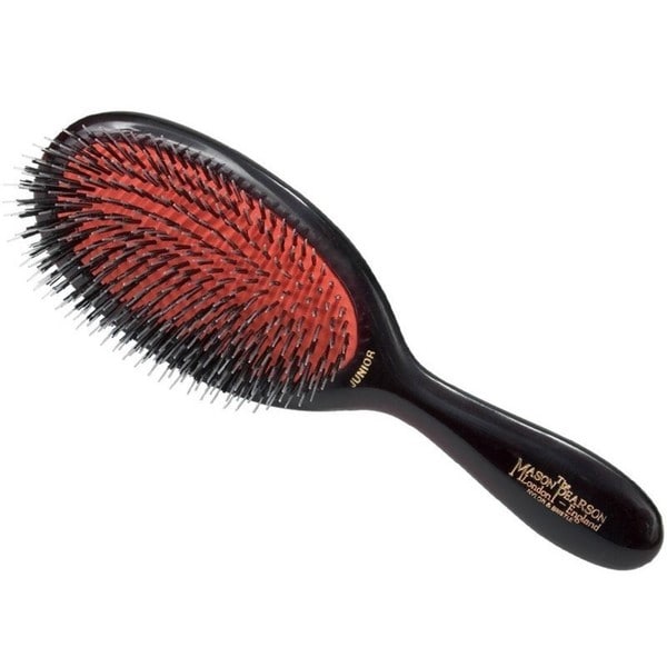 Medium-sized hairbrush with a black handle, featuring a mix of bristles and nylon tufts on a red cushion base, designed for gentle detangling and styling.