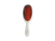 Medium-sized hairbrush with a white plastic handle, featuring a mix of bristles and nylon tufts in a vibrant orange base.