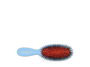 Mason Pearson Pocket Hair Brush features a light blue handle, a mix of bristles and nylon tufts, and a vibrant red cushion base for effective styling and detangling.