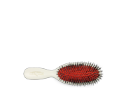 Mason Pearson Pocket Bristle & Nylon BN4 hairbrush featuring a white handle, red bristles, and a compact oval design, ideal for travel and styling.