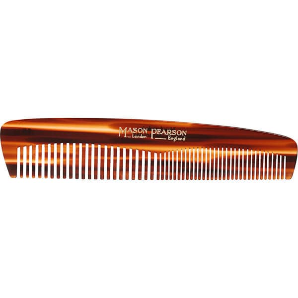 Brown Mason Pearson pocket comb made from high-quality plastic, featuring fine and wide teeth for versatile styling, with the brand name embossed in gold.