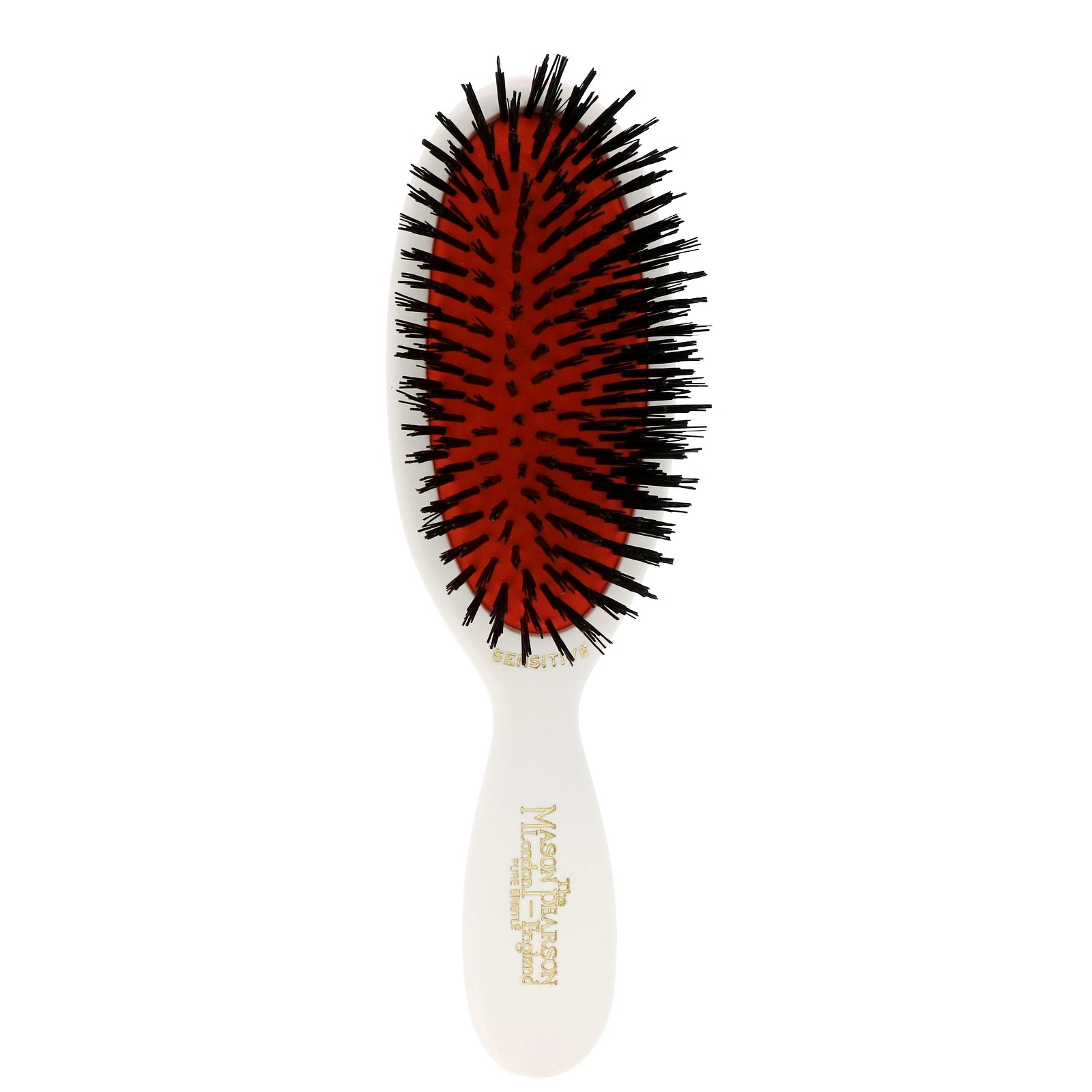 Mason Pearson Sensitive Pocket Brush in ivory with a white handle, featuring a red rubber base and black bristles, designed for gentle hair care.