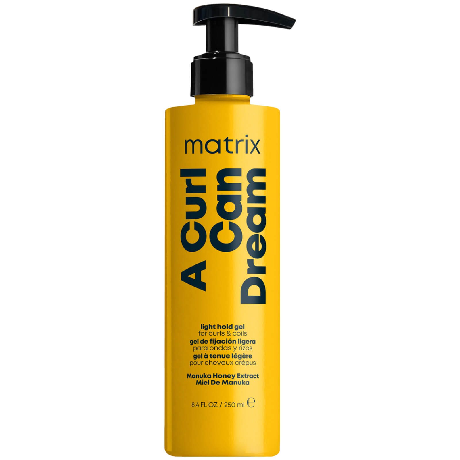 Yellow bottle of Matrix A Curl Can Dream Light Hold Gel, featuring a black pump top and bold black text on the front, emphasizing light hold and manuka honey extract for curls.