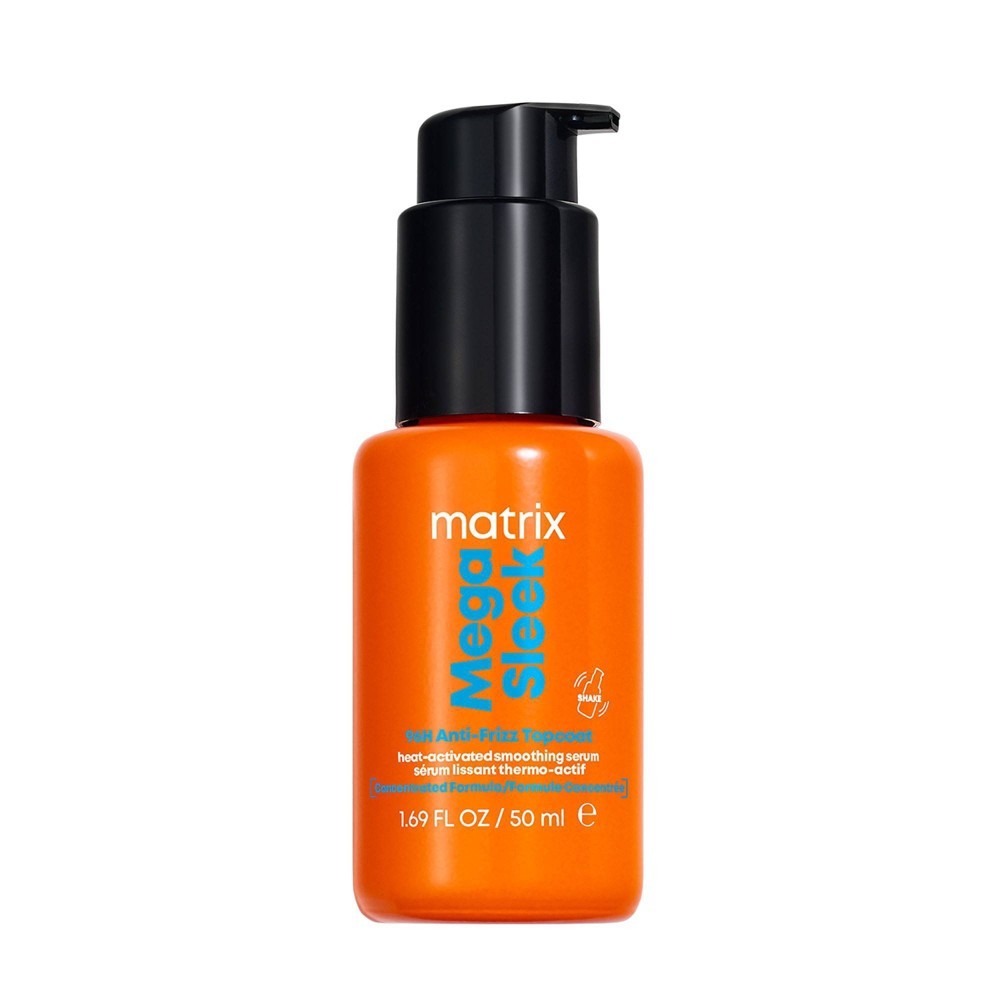 Bright orange bottle with a black pump top, labeled "Matrix Mega Sleek Anti-Frizz Topcoat Serum," designed for all hair types, enhancing smoothness and shine.