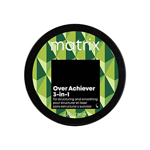 Matrix Over Achiever 3-in-1 Paste in a 50 ml black container with a geometric green label, designed for structuring and smoothing hair.