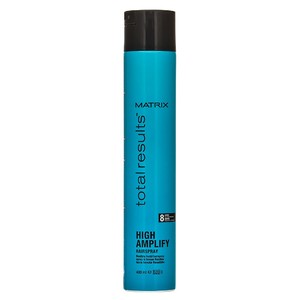 A tall, cylindrical spray can with a vibrant turquoise body and a black cap, labeled "Matrix Total Results High Amplify Hair Spray" for fine flat hair, 400ml.