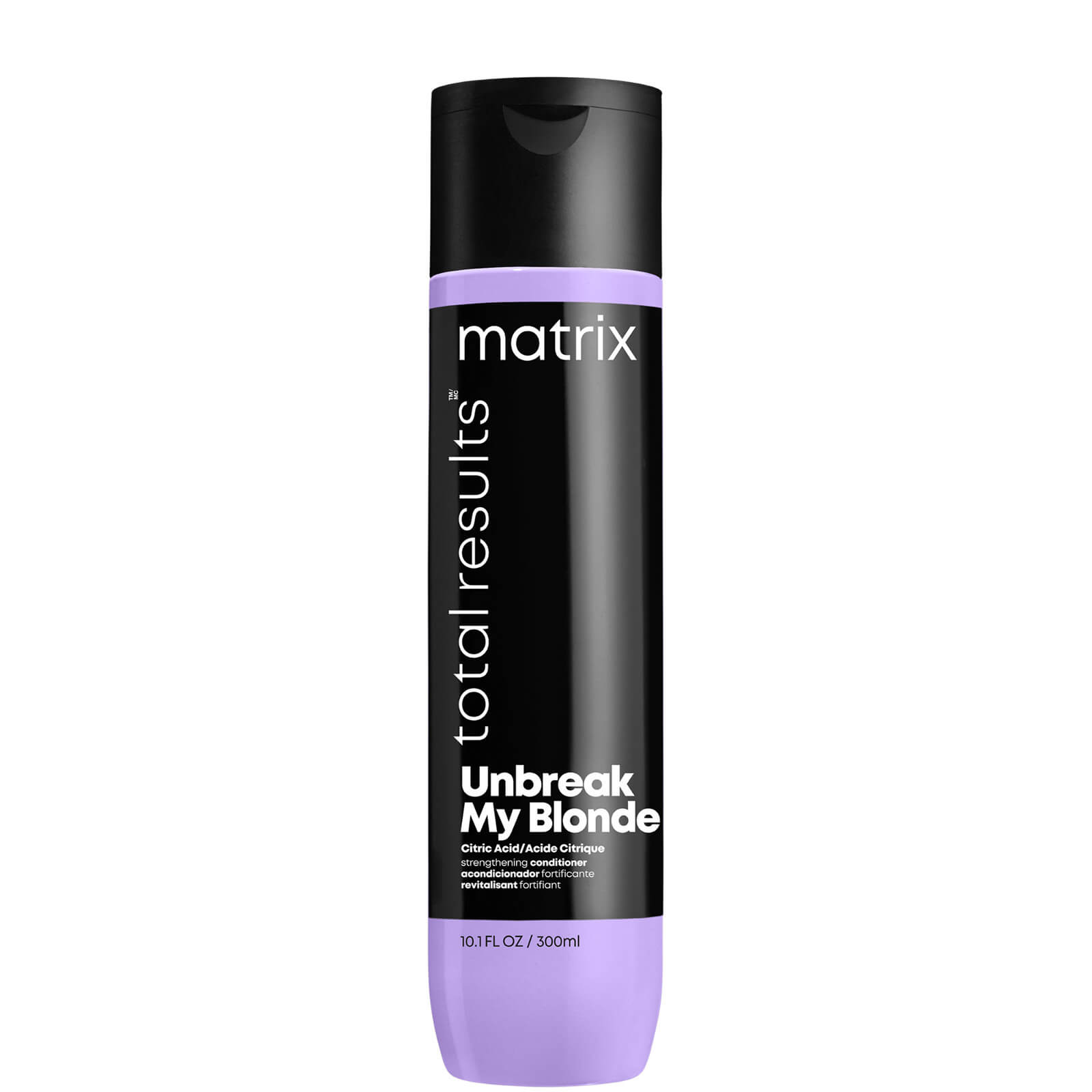 Matrix Total Results Unbreak My Blonde Strengthening Conditioner in a 300ml bottle features a sleek design with a black body and a light purple cap, labeled prominently with product details.