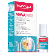 Mavala Mavamed 5 ml fungal nail solution in a small glass bottle, featuring a blue and white box with text in multiple languages, emphasizing its Swiss origin.