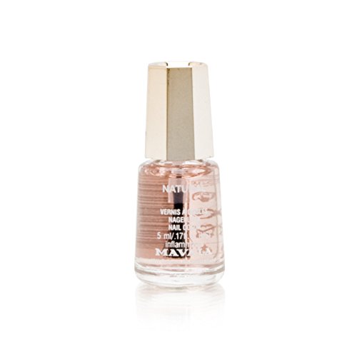 Mavala Minicolors Nail Polish 044 Natural features a small glass bottle with a gold cap, containing a soft pink, glossy nail polish.