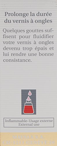 Mavala Nail Polish Thinner in a 10 ml bottle, featuring a sleek design with a red and white label, and a small droplet graphic indicating its purpose.